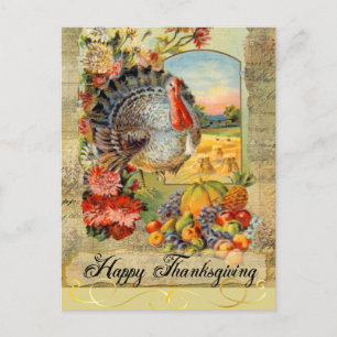 Happy Thanksgiving Vintage Turkey, Fruit, Flowers Holiday Postcard