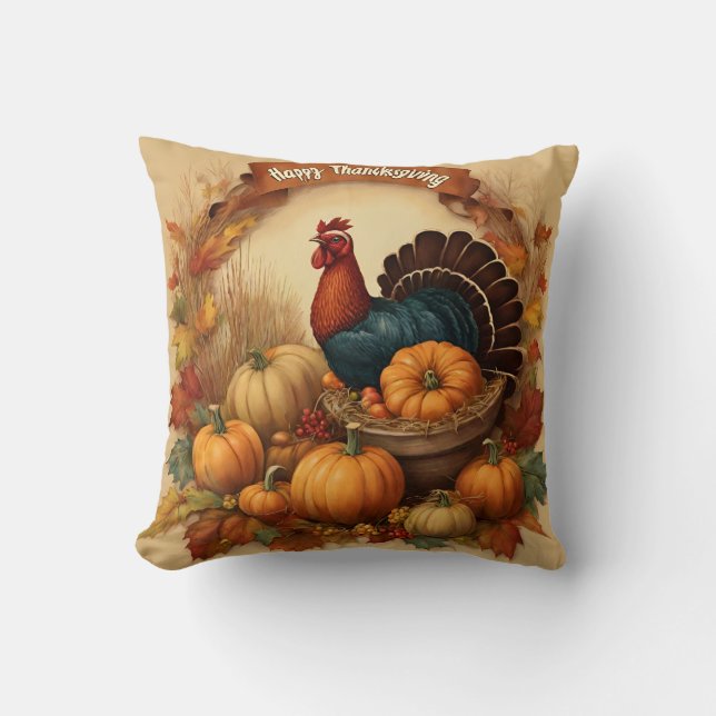 Happy Thanksgiving Vintage Turkey with Pumpkins  Cushion (Front)