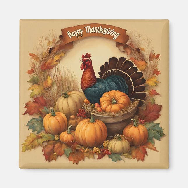 Happy Thanksgiving Vintage Turkey with Pumpkins  Magnet (Front)