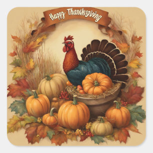 Happy Thanksgiving Vintage Turkey with Pumpkins  Square Sticker