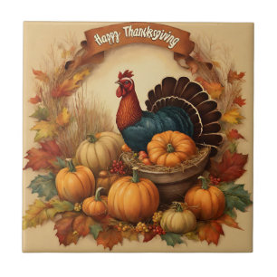 Happy Thanksgiving Vintage Turkey with Pumpkins Tile