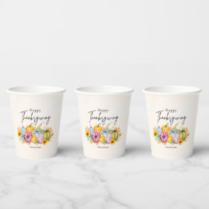 Happy Thanksgiving Watercolor Autumn Pumpkin Paper Cups