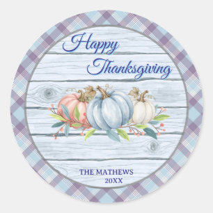 HAPPY THANKSGIVING WATERCOLOR BLUE PUMPKIN PLAID CLASSIC ROUND STICKER