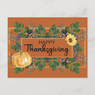 Happy Thanksgiving Watercolor Eucalyptus, Pumpkin Holiday Postcard