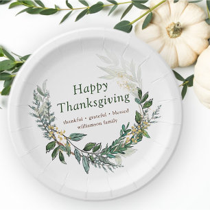 Happy Thanksgiving Watercolor Fall Foliage Wreath Paper Plate