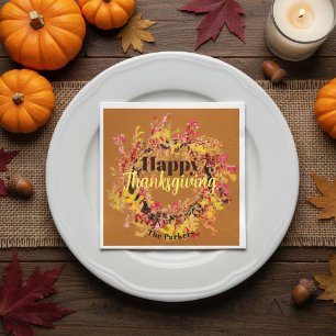 Happy Thanksgiving Watercolor Fall Leaves Wreath Napkin