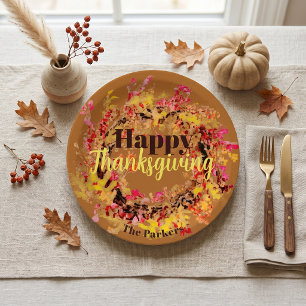 Happy Thanksgiving Watercolor Fall Leaves Wreath Paper Plate
