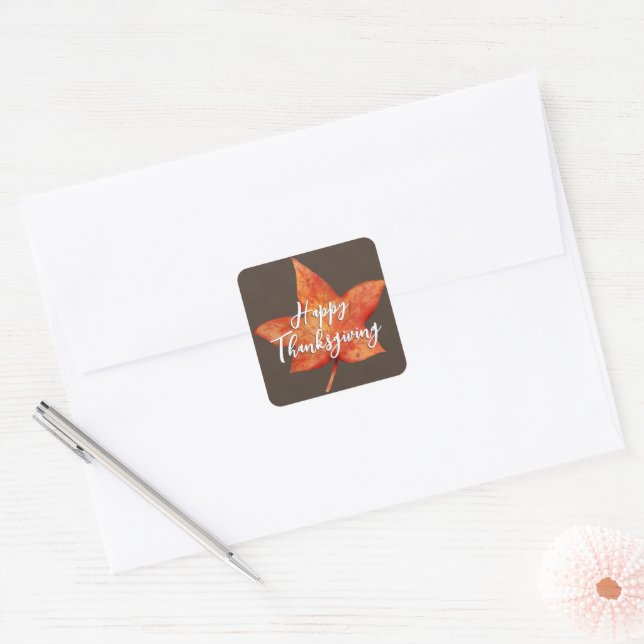 Happy Thanksgiving Watercolor Fall Maple Leaf Square Sticker (Envelope)