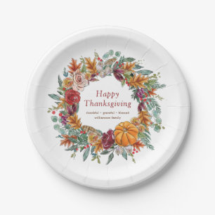 Happy Thanksgiving Watercolor Fall Pumpkin Wreath Paper Plate