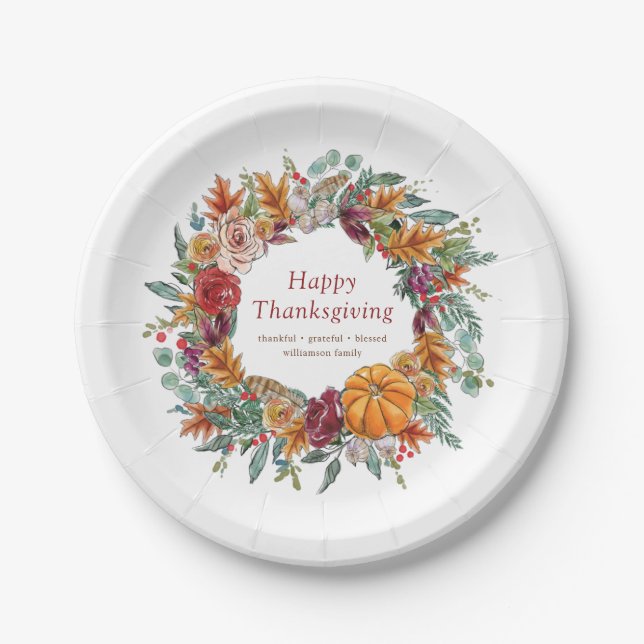Happy Thanksgiving Watercolor Fall Pumpkin Wreath Paper Plate (Front)