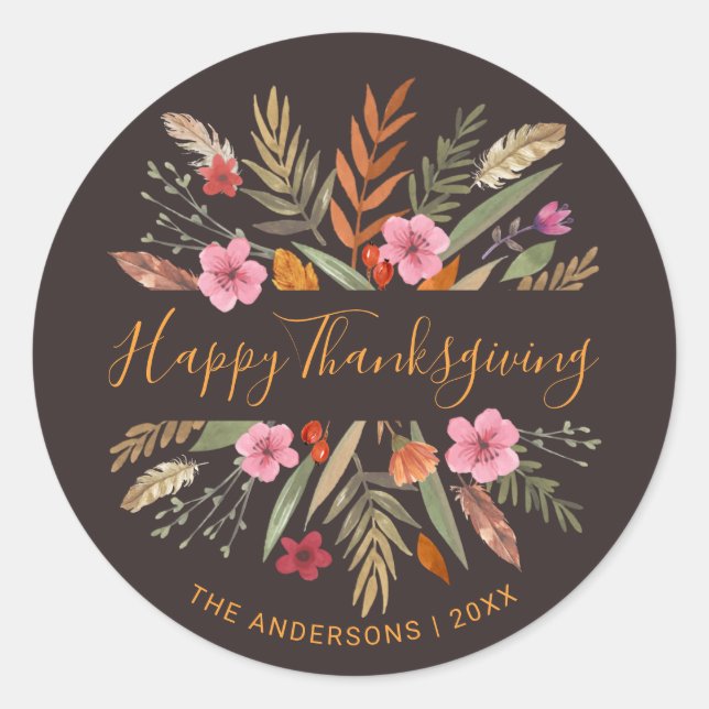 HAPPY THANKSGIVING WATERCOLOR FESTIVE FALL FOLIAGE CLASSIC ROUND STICKER (Front)