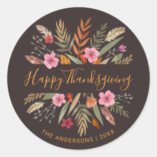 HAPPY THANKSGIVING WATERCOLOR FESTIVE FALL FOLIAGE CLASSIC ROUND STICKER