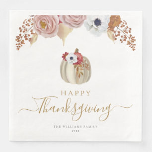 Happy Thanksgiving Watercolor Floral Pumpkin Napkin