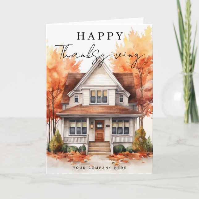 Happy Thanksgiving Watercolor House Real Estate Holiday Card (Front)