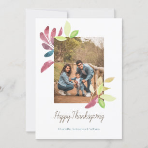 Happy Thanksgiving Watercolor Leaves Photo Holiday Card