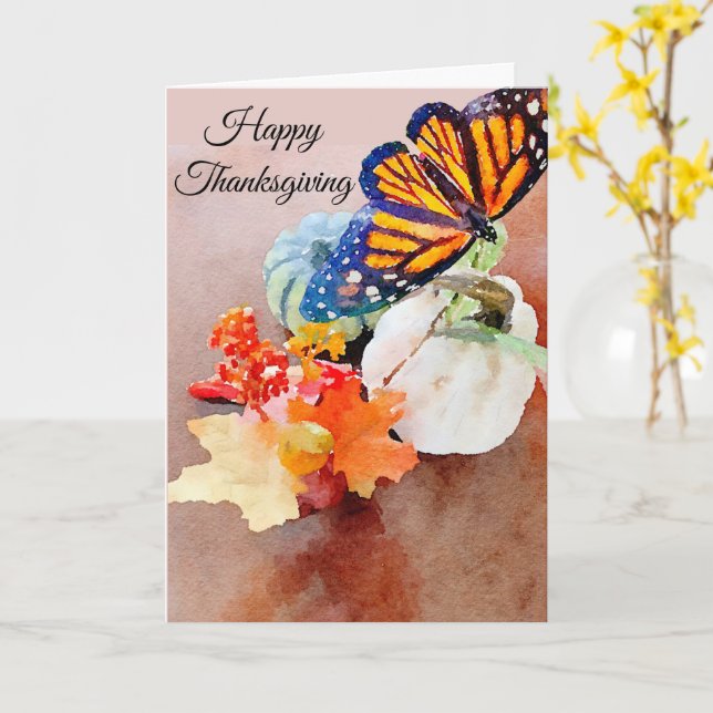 Happy Thanksgiving Watercolor Monarch Butterfly Card (Yellow Flower)