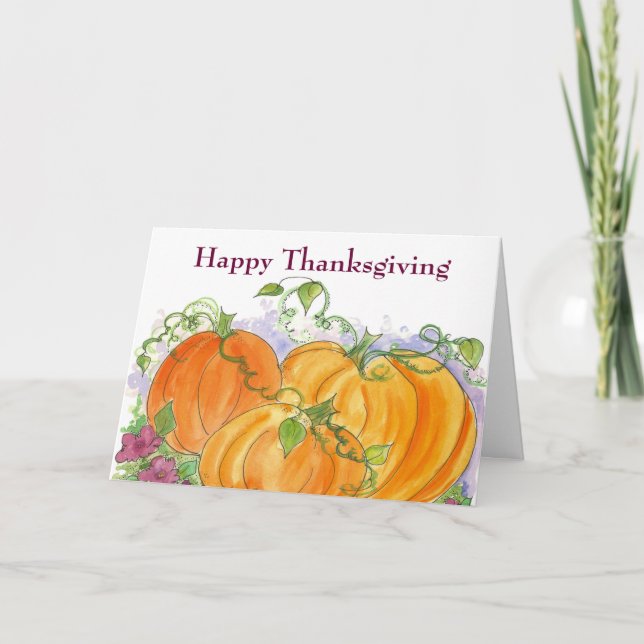 Happy Thanksgiving Watercolor Orange Pumpkins Holiday Card (Front)