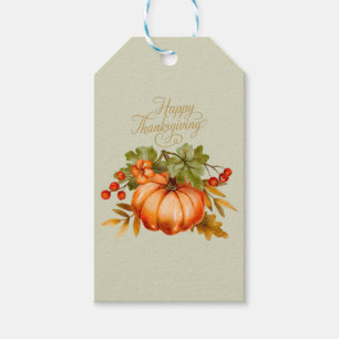 Happy Thanksgiving Watercolor Pumpkin and Berries  Gift Tags