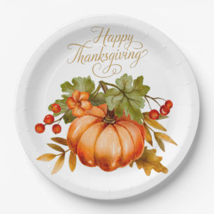 Happy Thanksgiving Watercolor Pumpkin and Berries  Paper Plate