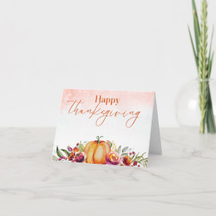 Happy Thanksgiving Watercolor Pumpkin and Flowers Card