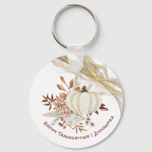 Happy Thanksgiving Watercolor Pumpkin Golden Ribon Key Ring