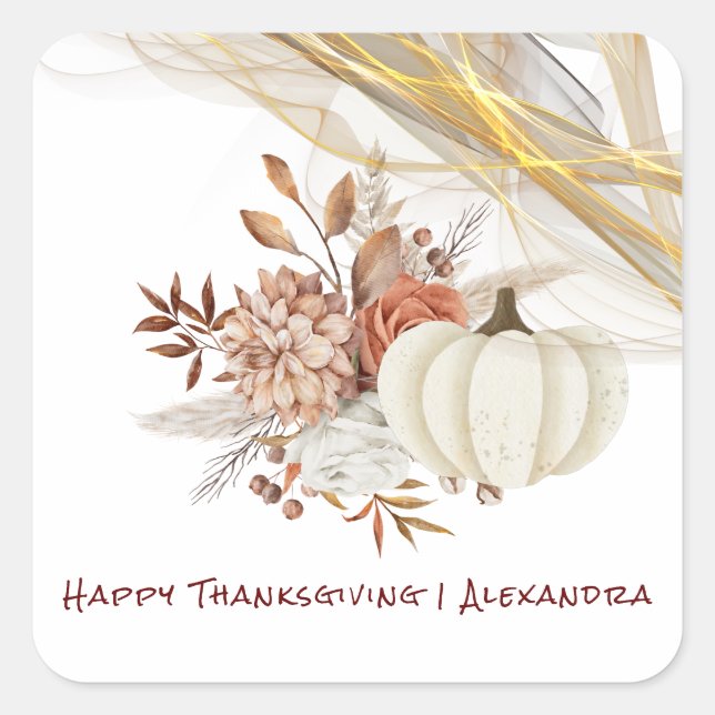 Happy Thanksgiving Watercolor Pumpkin Golden Ribon Square Sticker (Front)
