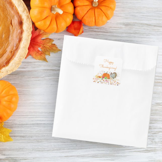 Happy Thanksgiving Watercolor Pumpkin & Turkey Square Sticker (Creator Uploaded)
