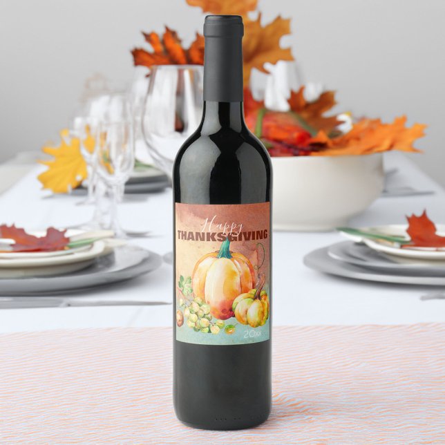 Happy Thanksgiving Watercolor Pumpkin Wine Label (FESTIVE & FUN)