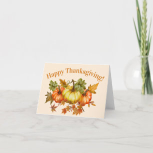 Happy Thanksgiving Watercolor Pumpkins and Leaves  Card