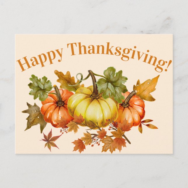 Happy Thanksgiving Watercolor Pumpkins and Leaves Holiday Postcard (Front)