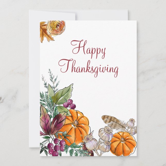 Happy Thanksgiving Watercolor Pumpkins Autumn Holiday Card (Front)