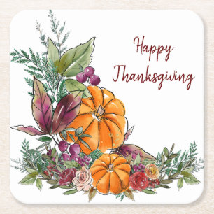 Happy Thanksgiving Watercolor Pumpkins Autumn Square Paper Coaster