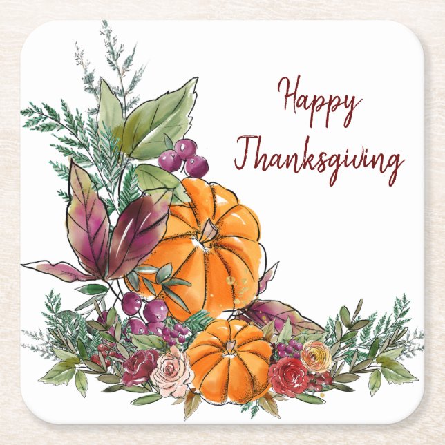 Happy Thanksgiving Watercolor Pumpkins Autumn Square Paper Coaster (Front)