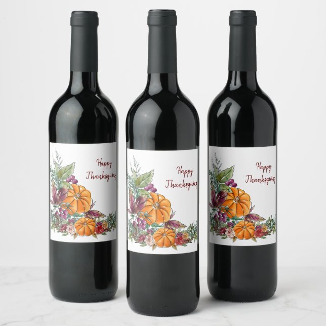 Happy Thanksgiving Watercolor Pumpkins Autumn Wine Label (Bottles)