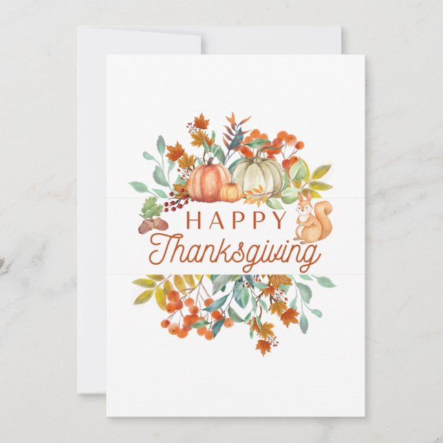 Happy Thanksgiving Watercolor Pumpkins, Berries  Holiday Card (Front)