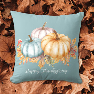 Happy Thanksgiving watercolor pumpkins floral blue Cushion