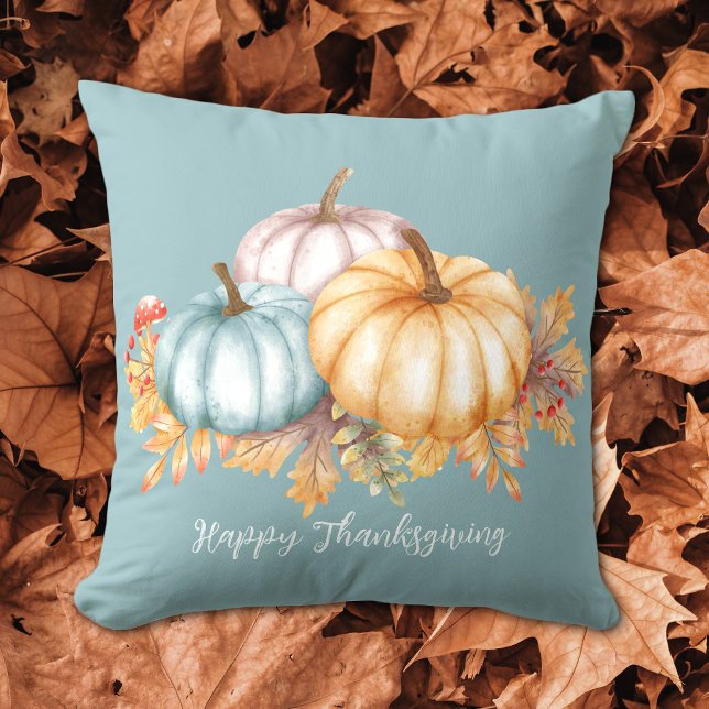 Happy Thanksgiving watercolor pumpkins floral blue Cushion (Creator Uploaded)