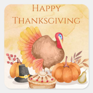 Happy thanksgiving watercolor turkey pumpkins square sticker