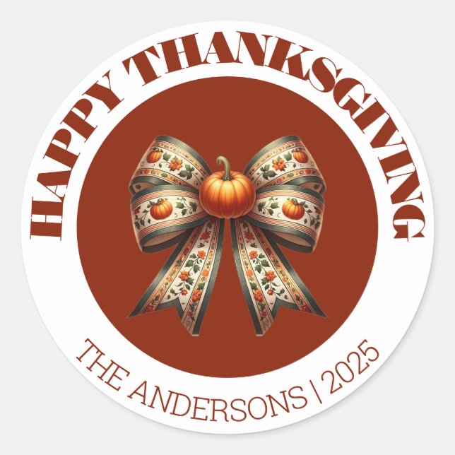 Happy Thanksgiving white& brown cute elegant  Classic Round Sticker (Front)