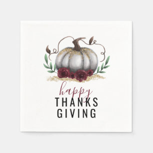 Happy Thanksgiving White Gold Pumpkin Napkin