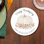 Happy Thanksgiving White Pumpkin Round Paper Coaster<br><div class="desc">This Happy Thanksgiving paper coaster features a watercolor white pumpkin and fall foliage with stylish script typography.
Easily customisable.
Original Watercolor © Michele Davies.</div>