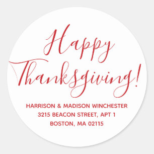 Happy Thanksgiving white red return address Classic Round Sticker