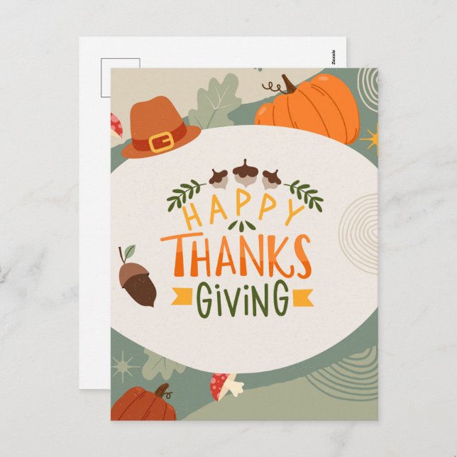 Happy Thanksgiving with Hat, Pumpkin and Pine  Holiday Postcard (Front/Back)
