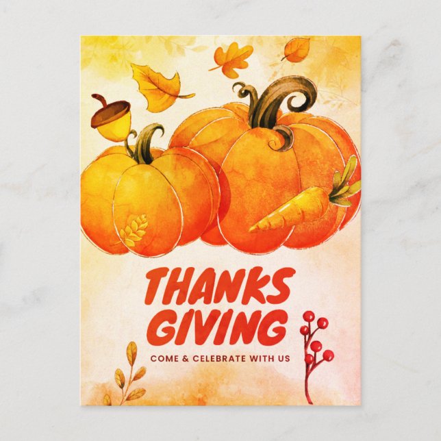 Happy Thanksgiving with Pumpkin and Leaves Fall Holiday Postcard (Front)