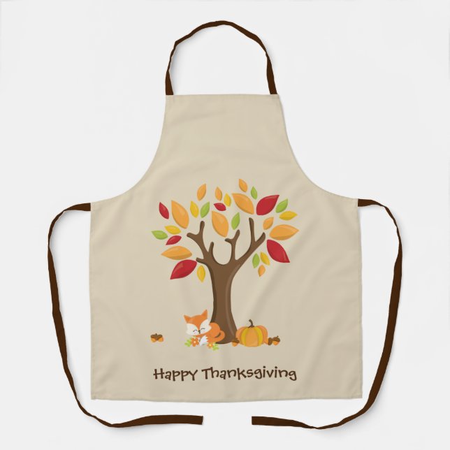 Happy Thanksgiving with Tree, Fox & Pumpkin  Apron (Front)