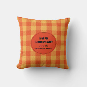 Happy Thanksgiving Yellow Orange Check Plaid Cushion