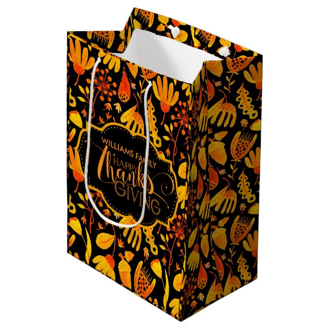 Happy Thanksgiving Yellow & Orange Fall Leafs Medium Gift Bag (Front Angled)