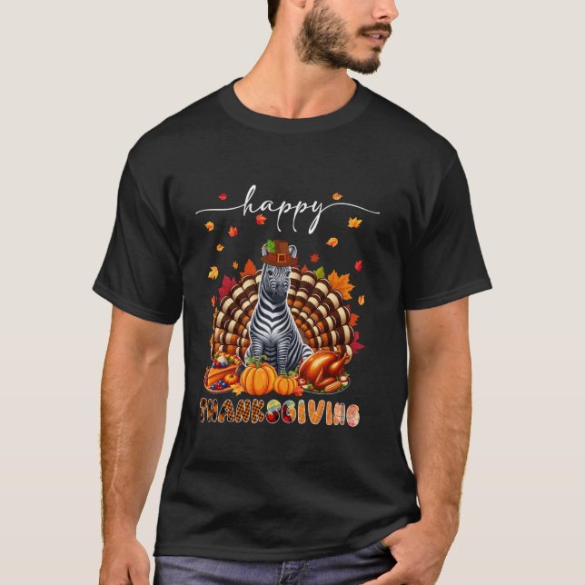 Happy Thanksgiving Zebra Costume Turkey Fall Leave T-Shirt (Front)