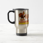 Happy Thanksgivukkah Stainless Travel Coffee Mug<br><div class="desc">It's the very funny 'Happy Thanksgivukkah' coffee mug. That's right... this year, for the only time in our lives, Hanukkah falls on Thanksgiving! This classic mug commemorates this rare occurrence with a funny cartoon turkey wearing a yamaka, and lighting the Menorah. A festive orange, brown, and yellow fall theme includes...</div>