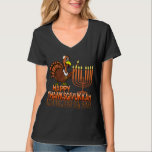 Happy Thanksgivukkah - Thankgiving Hanukkah Tshirt<br><div class="desc">It's the very funny 'Happy Thanksgivukkah' shirt. That's right... this year, Hanukkah falls on Thanksgiving! Which, according to one analysis of the Jewish and Gregorian calendars, won’t happen again for more than 75, 000 years!! Commemorate this rare once-in-a-lifetime occurrence with this classic t-shirt, featuring a funny cartoon turkey lighting the...</div>